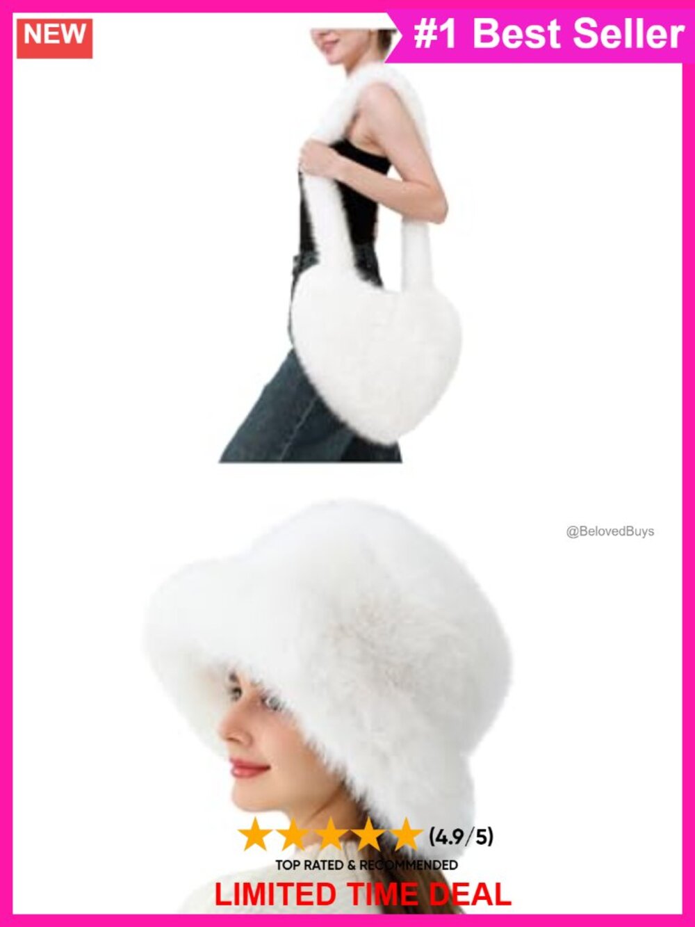 Faux Fur Shoulder Bag and Bucket Hat 2pc Set Quilted Liner Winter